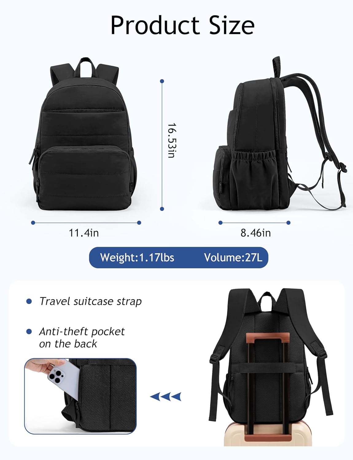 Detalle 2 de Uselike Travel Backpack for Women — 15.6 Inch Laptop, Quilted, Water-Resistant (Black)