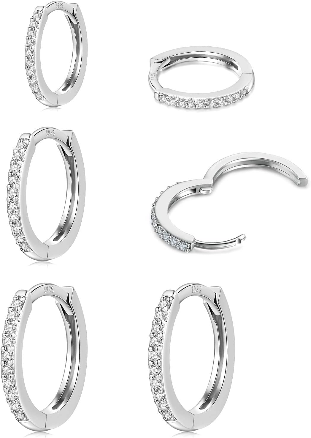Detalle de HUABOLA CALYN 3 Paar Creolen aus 925 Sterling Silber mit Zirkonia – hypoallergenes Set für Damen, Herren & Jugendliche
