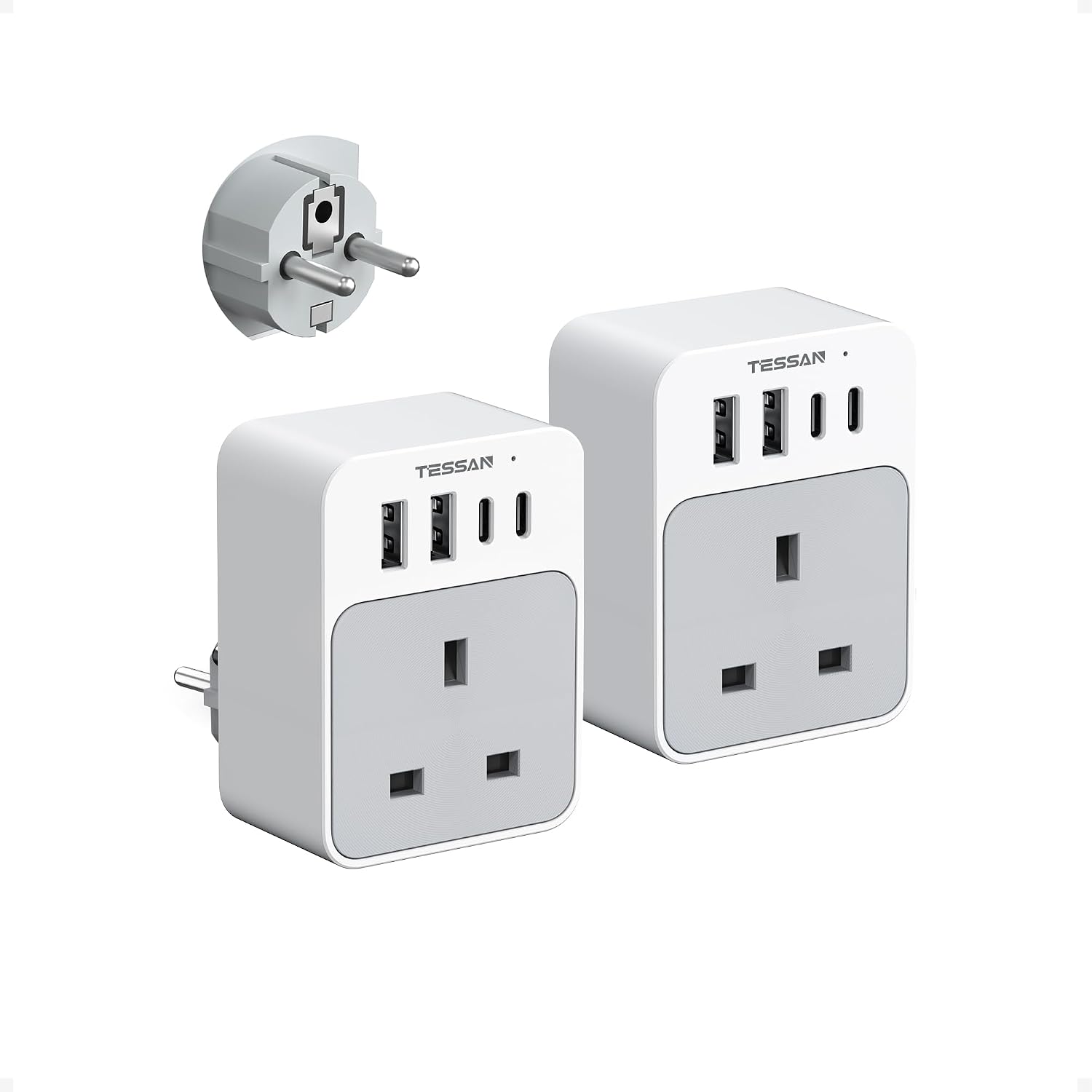 Detalle de TESSAN UK to European Plug Adapters (2 Pack) – Grounded, 4 USB Ports (2 USB-C) – Type E/F