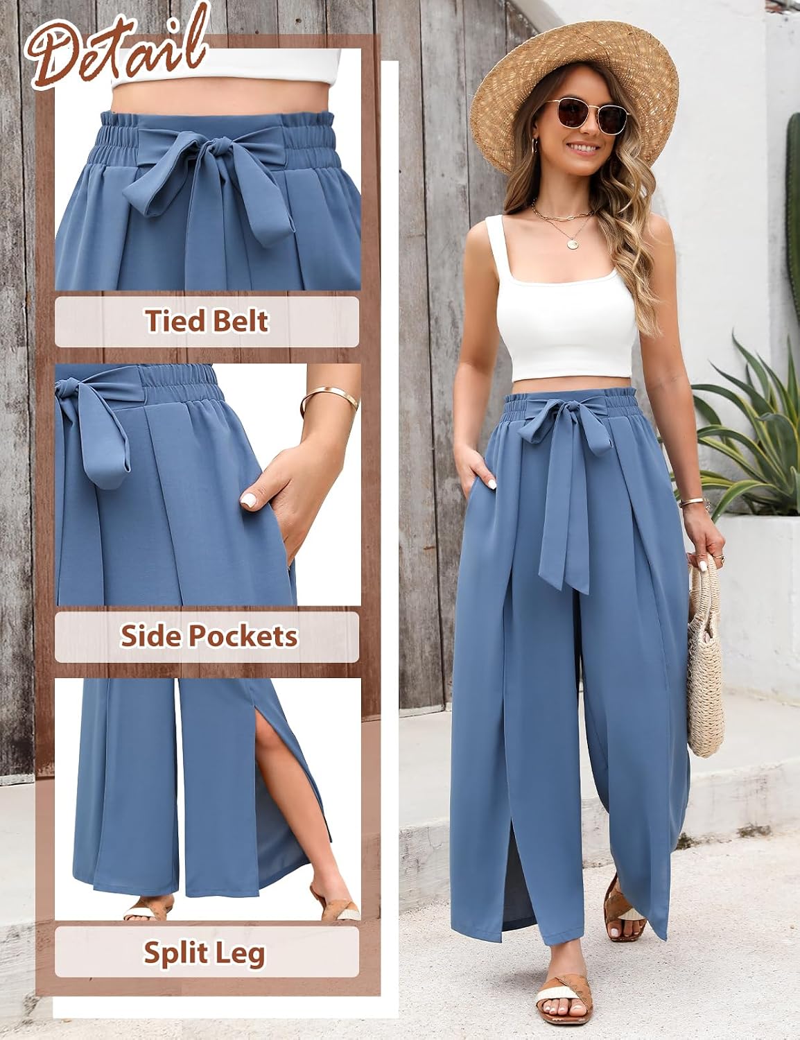Detalle de Svanco Pantalon d'été fluide pour femme à jambes larges et ouvertes, taille élastiquée