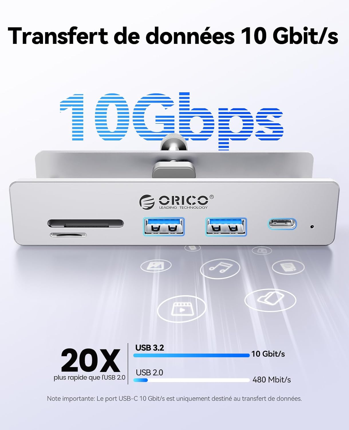 Thumbnail 1 de ORICO Hub USB 3.2 10 Gbps en aluminium avec clip et USB-C PD 60W – 7 ports