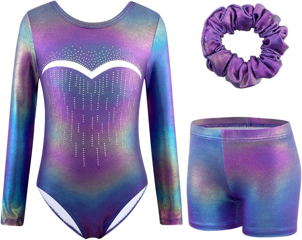 Thumbnail 6 de XiaoMoSha Girls Three-Piece Gymnastics Leotards Set: Long Sleeve Leotard, Shorts & Hairband (3–12 Years)