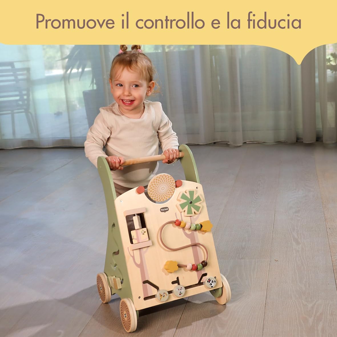 Detalle 2 de Tiny Love Walk Behind Carrello Primi Passi in Legno e Centro Attività Montessori – 12 Giochi Interattivi, Ruote Antiscivolo, 18+ Mesi, Boho Chic
