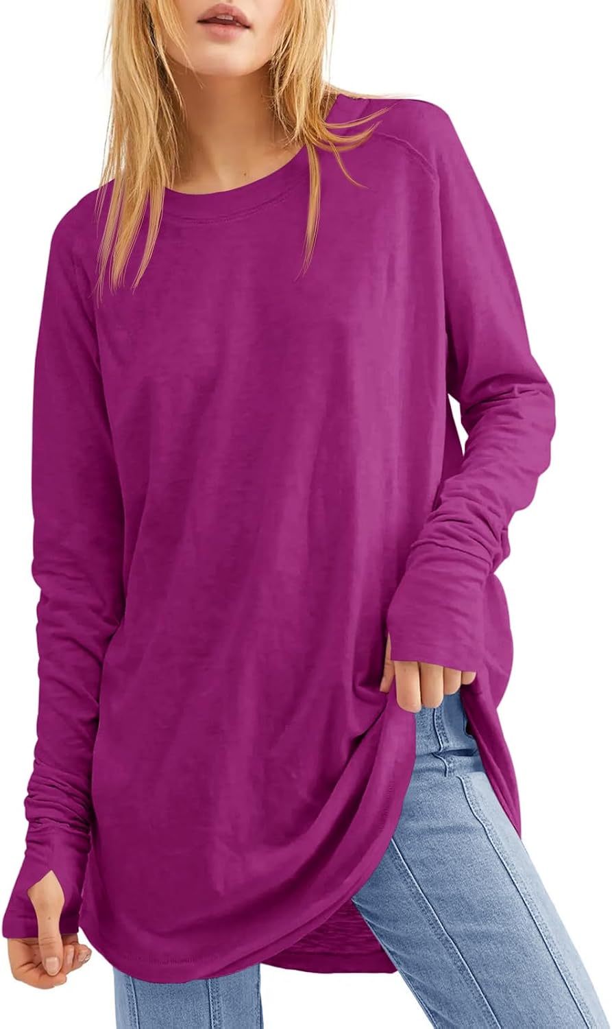 Detalle de Fisoew Women's Long-Sleeve Tunic Top with Thumb Holes and Curved Hem