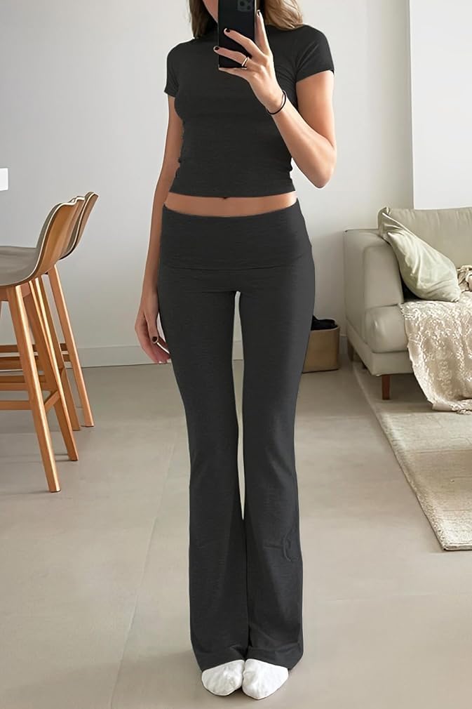 Thumbnail 1 de ZFLM Women’s Casual Workout Two-Piece Set: Short Sleeve Crop Top & High-Waist Foldover Flare Pants