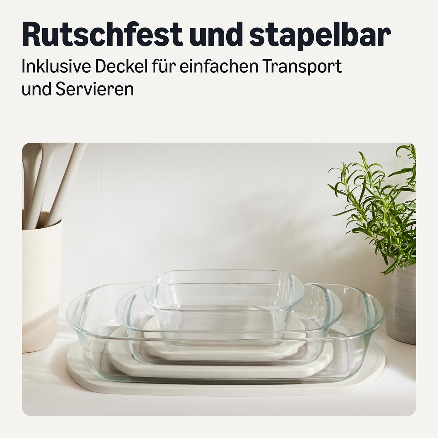 Detalle 2 de Amazon Basics Glas-Backformen-Set mit BPA-freien Deckeln – 6-teiliges Borosilikatglas-Backset
