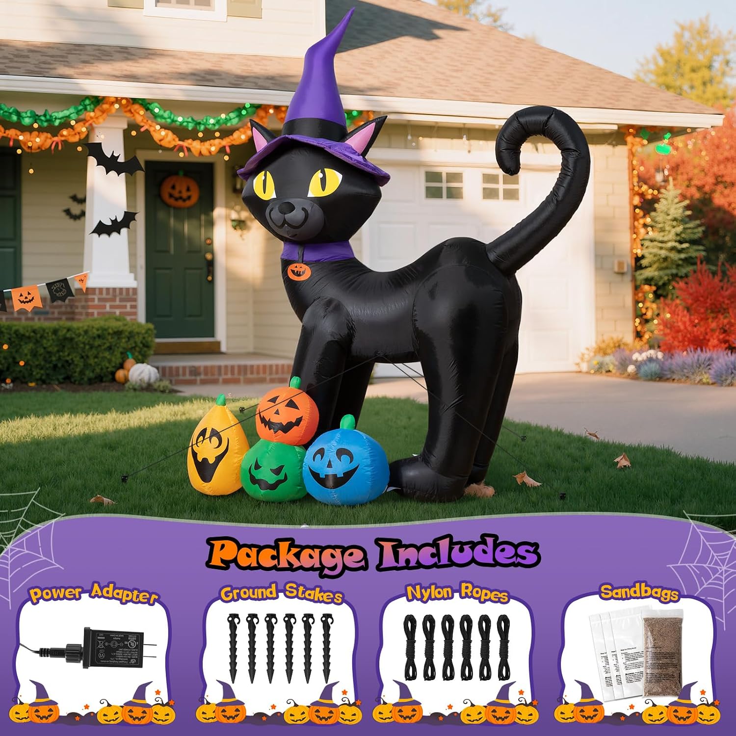 Detalle de Dawdix 6FT Halloween Inflatable Black Cat with Witch Hat, LEDs and Pumpkins