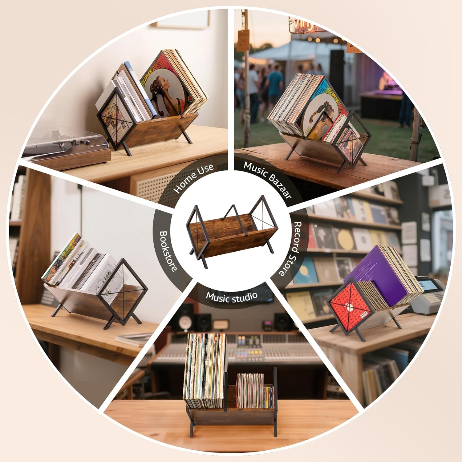 Detalle 2 de PUERSI Vinyl Record Storage Rack (Brown) – 80 LP Record Holder with Adjustable Divider