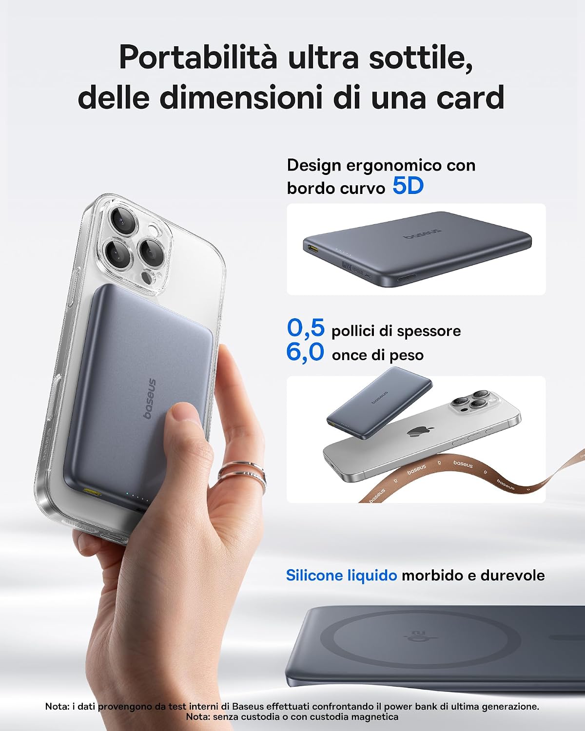 Detalle de Baseus Picogo AM41 Power Bank da 10.000 mAh con Qi2 MagSafe magnetico e ricarica rapida 15W/27W, ultra sottile grigio