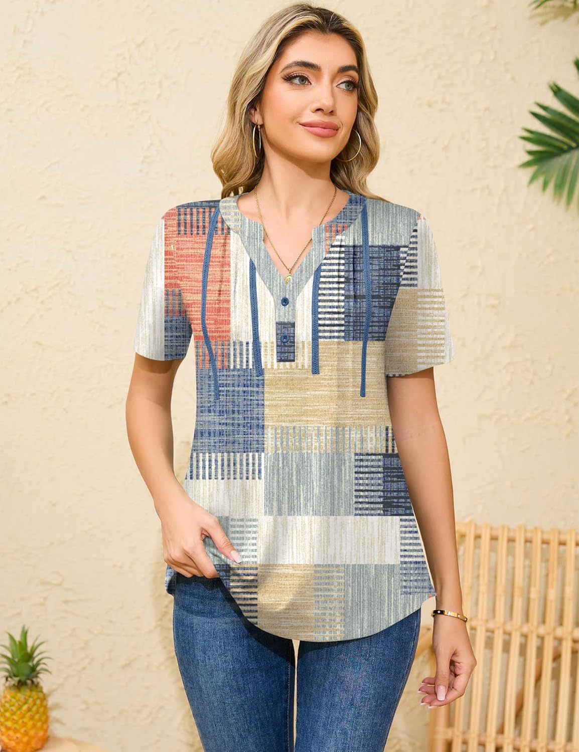 Thumbnail 3 de IECCP Women Short Sleeve Dressy Tunic with V-Neck and Pleated Details