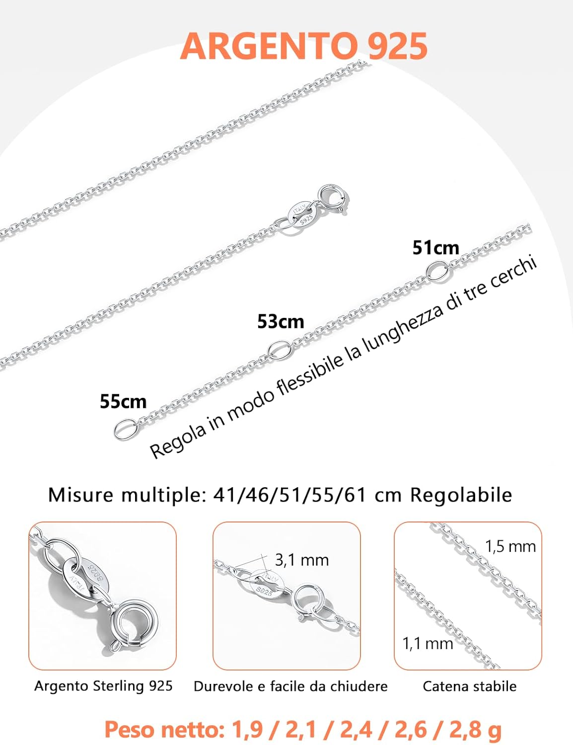 Thumbnail 4 de Silvora Catenina Argento 925 da Donna minimalista (1,1/1,5 mm) con finitura oro/platino, lunghezze 41–61 cm