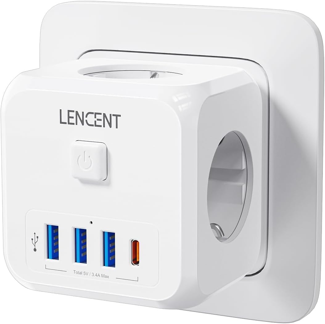 Detalle de LENCENT PA037EU kubusvormige stekkerdoos met 3 stopcontacten en USB-C PD