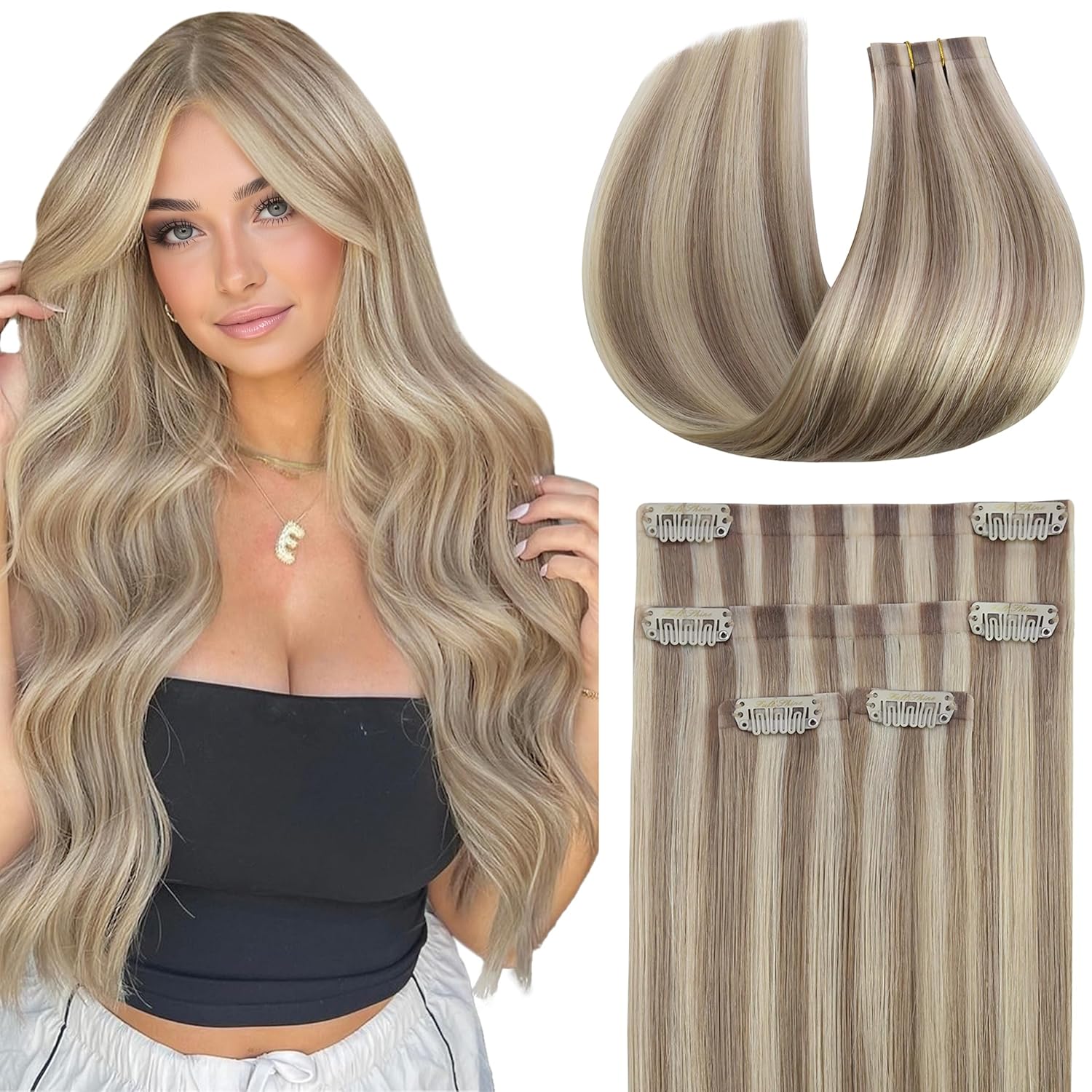 Detalle de Full Shine Seamless Clip-In Hair Extensions: 4-Piece, 20-Inch, Ash Blonde Highlights