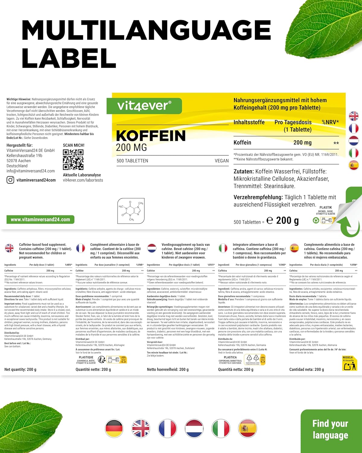 Thumbnail 6 de Vit4ever Koffein-Tabletten 200 mg, 500 Tabletten – vegan, ohne unerwünschte Zusätze
