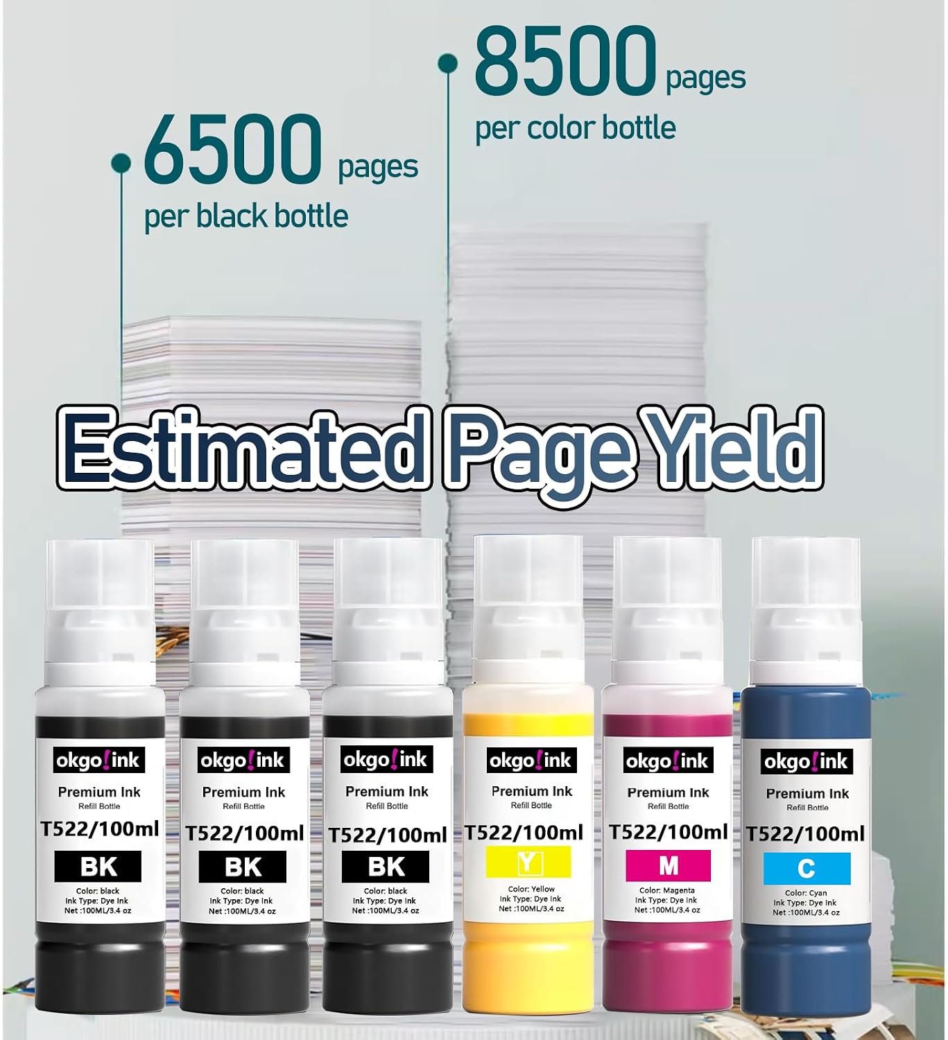 Detalle de OKGO!INK T522 502 Ink Refill Bottles, 6-Pack for EcoTank Printers
