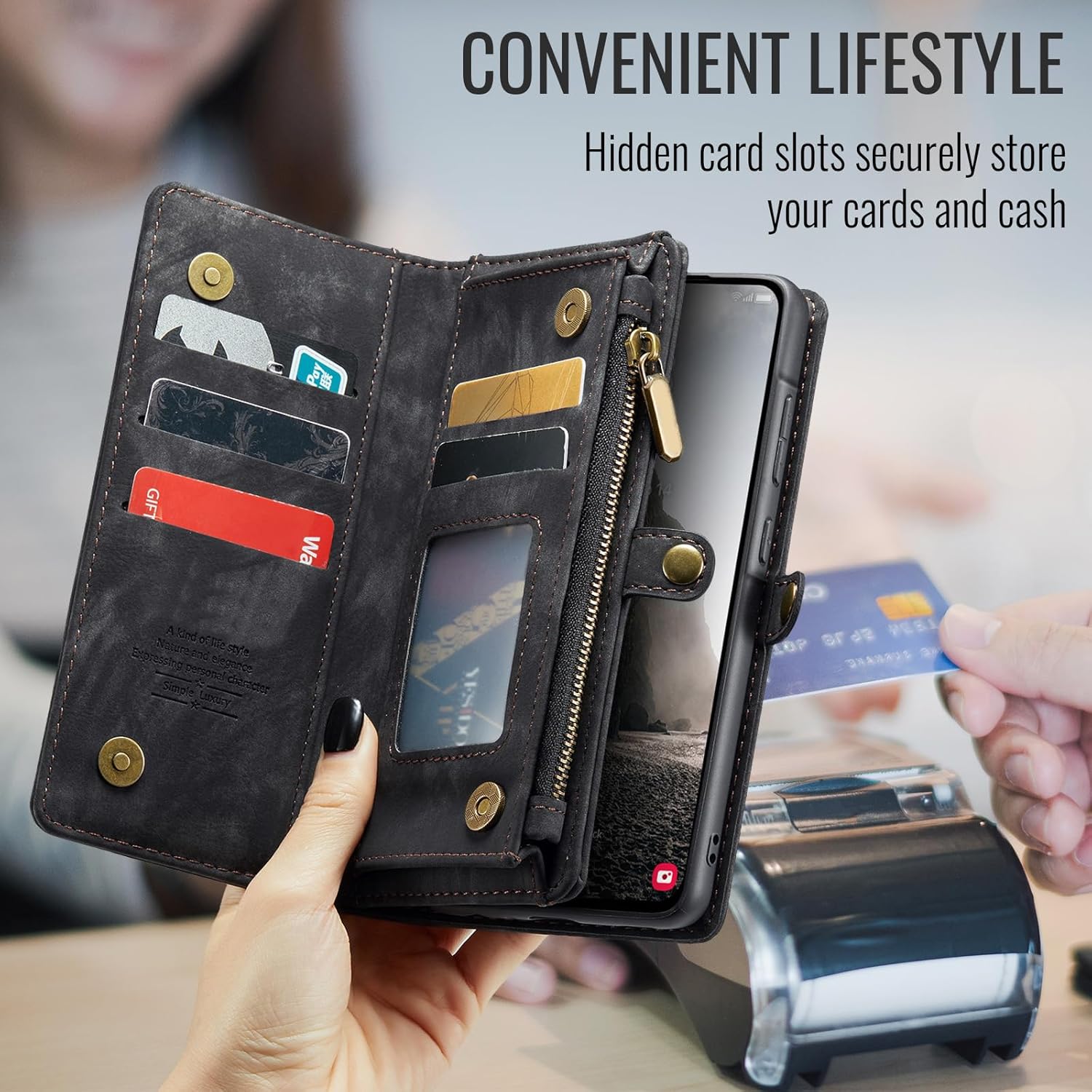 Thumbnail 5 de Asuwish Wallet Case with Magnetic Detachable Cover for Samsung Galaxy A56 5G — Black