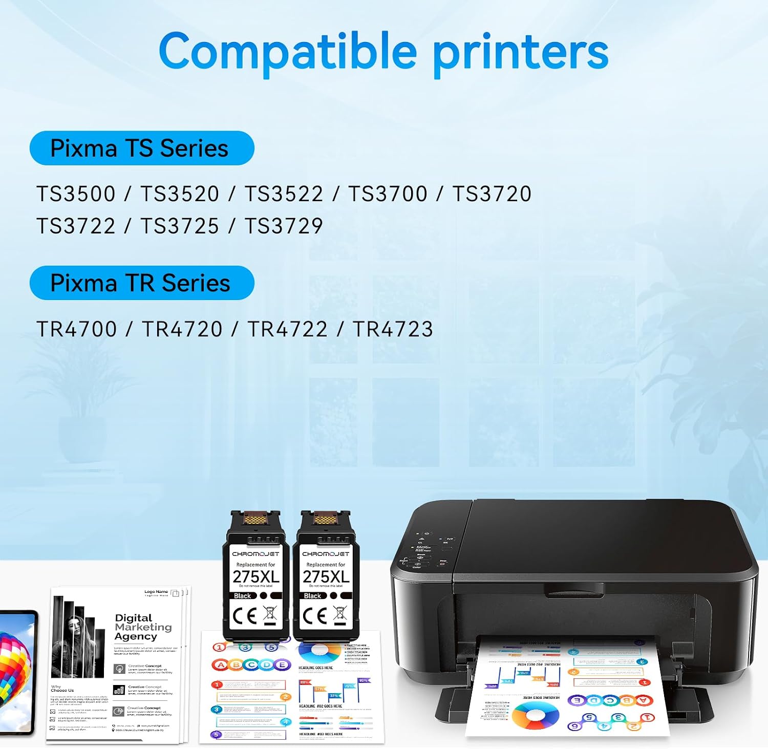 Detalle de Chromojet 275XL Black Ink Cartridges, 2-Pack Compatible with Canon PIXMA