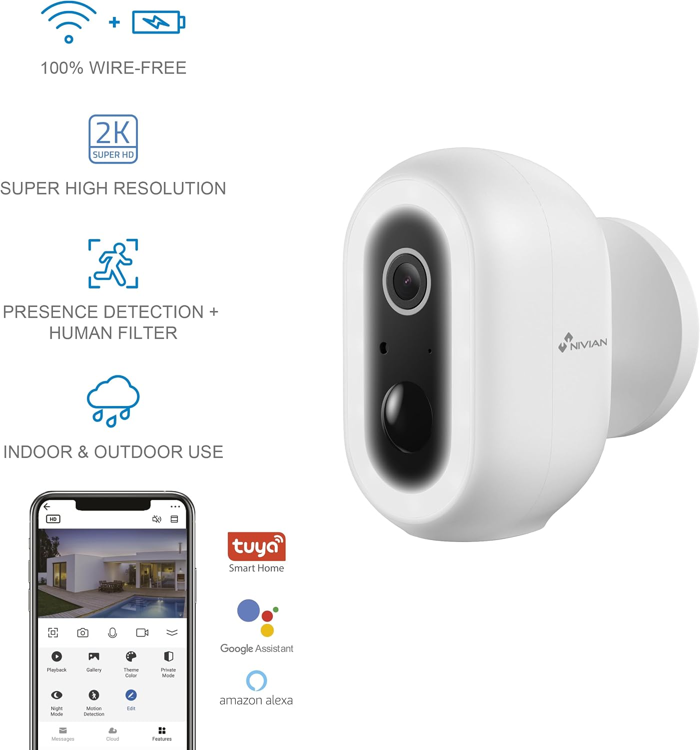Thumbnail 1 de NIVIAN Telecamera di Sorveglianza WiFi Esterno 2K con Batteria – rilevamento umano AI, visione notturna a colori, audio bidirezionale e sirena