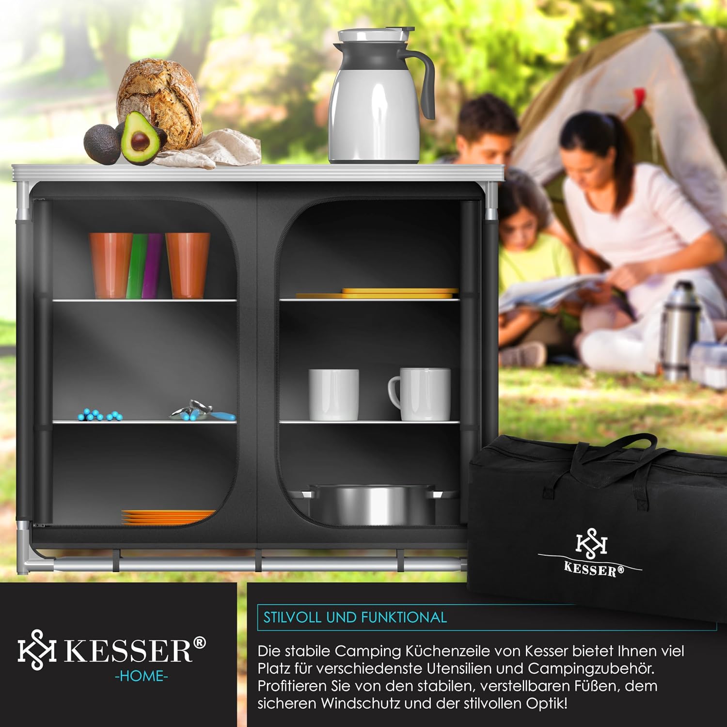 Detalle de KESSER Campingküche F6 – Tragetasche inklusive, robustes Aluminiumgestell, kompakte Reiseküche