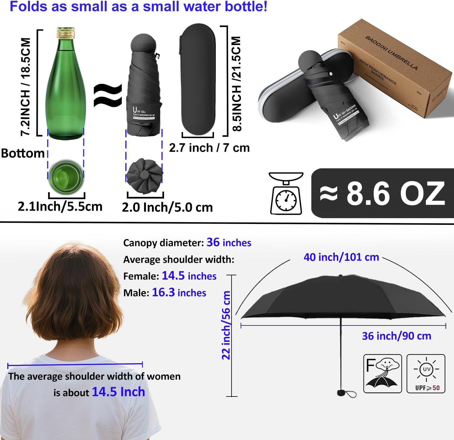 Detalle de BAODINI mini travel umbrella with case (UPF 50+ UV protection, compact pocket size)