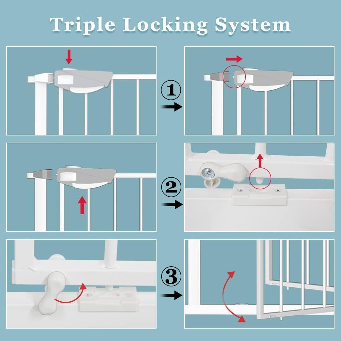 Detalle de WAOWAO Triple Lock Baby Gate, Extra-Wide 57.87–62.59-Inch White Metal