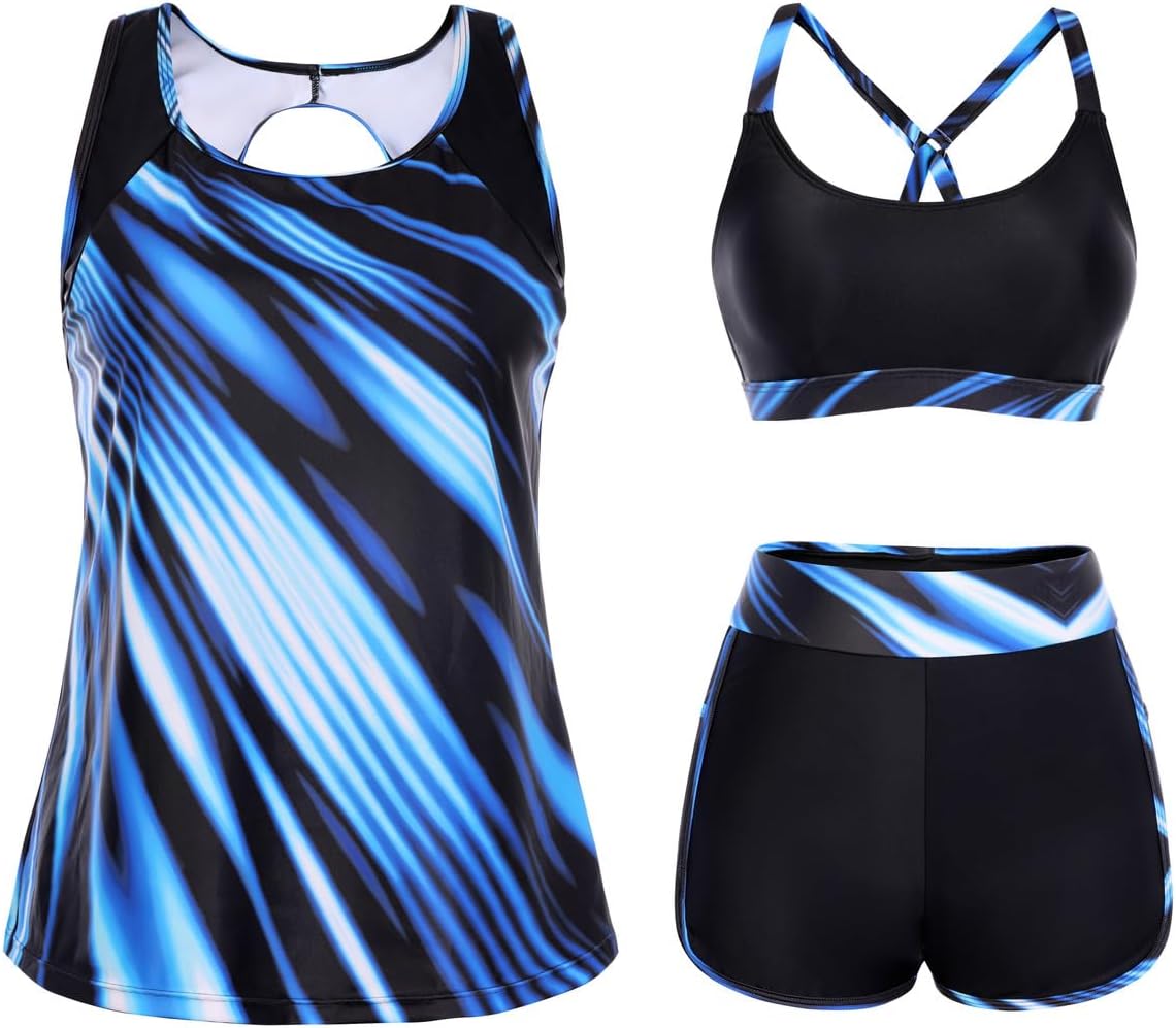 Detalle de Hanna Nikole Tankini Damen 3-teilig Bauchweg Badeanzug – Push-Up Top, High-Waist Shorts mit Taschen