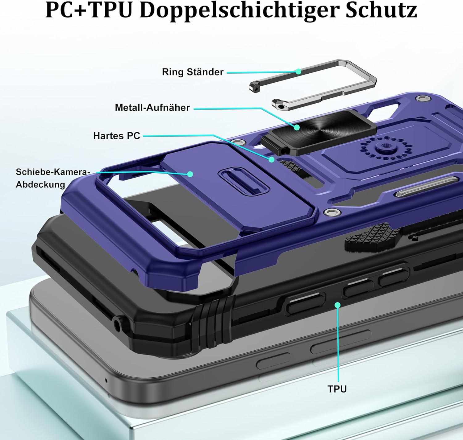 Detalle de Jshru Handyhülle für Google Pixel 9a – 360° Ständer, Kamera-Schutz, inkl. 2 Schutzfolien, blau