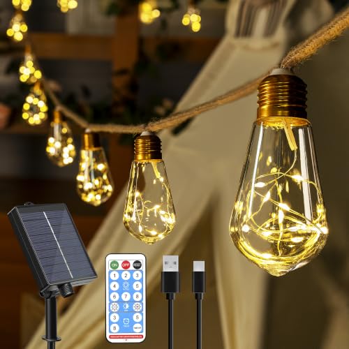 Detalle de Ollny Guirlande Lumineuse Extérieure Solaire 8 m - 16 Ampoules S17, corde en chanvre
