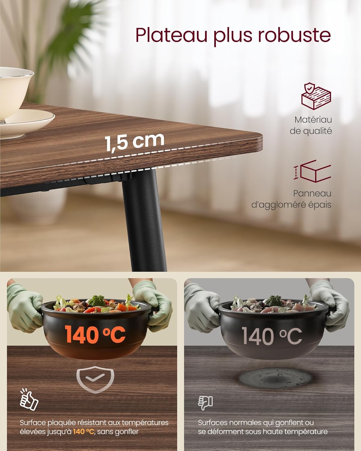 Thumbnail 3 de VASAGLE Table de Cuisine 75 x 140 cm – Style Ferme Moderne (KDT100KE02V1) en Noyer Naturel et Noir d'encre