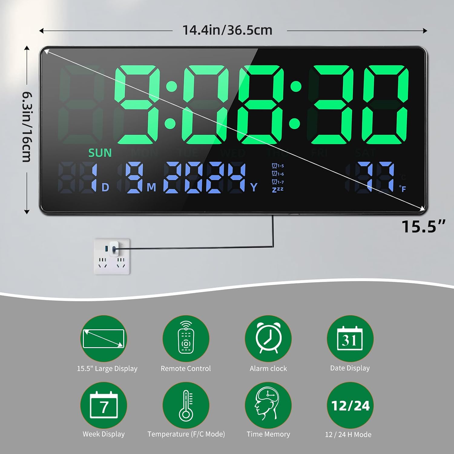 Detalle 2 de Fuloon digitale wandklok 15,5 inch met kalender, temperatuur en afstandsbediening