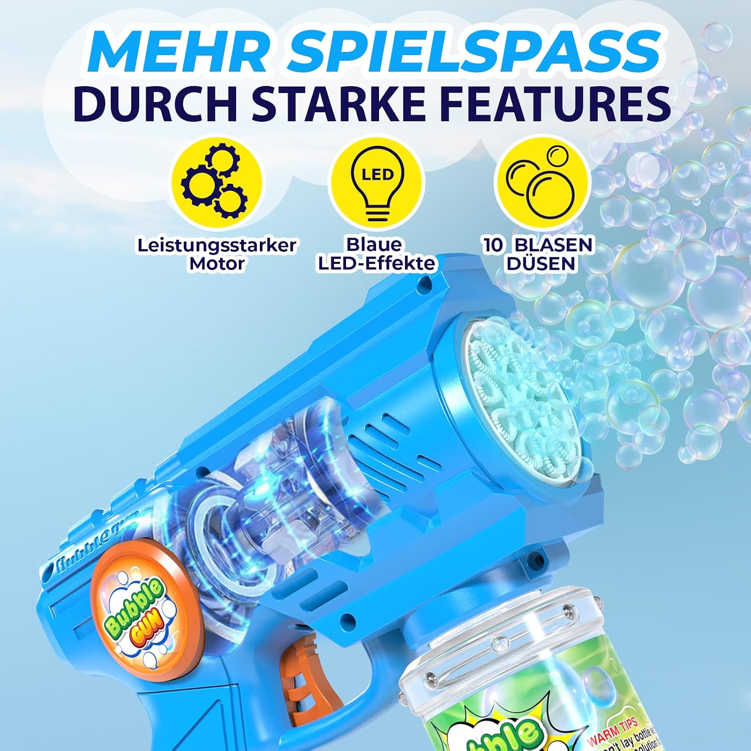 Detalle de Blubbel Seifenblasenpistole Set 2X: LED-Seifenblasenmaschine mit 100 ml Tank pro Pistole
