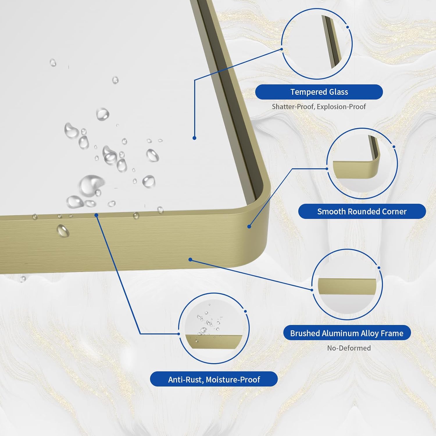 Detalle de WEER Gold Bathroom Mirror, 24x36 Inch Brushed Gold Frame with Rounded Corners