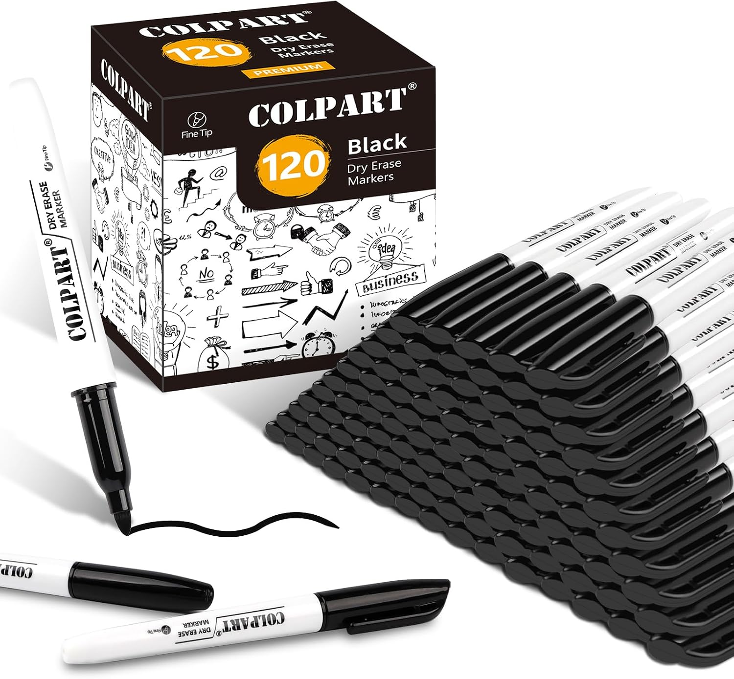 Detalle de Colpart Fine Tip Dry Erase Markers (Black) – Pack of 120 low-odour whiteboard pens