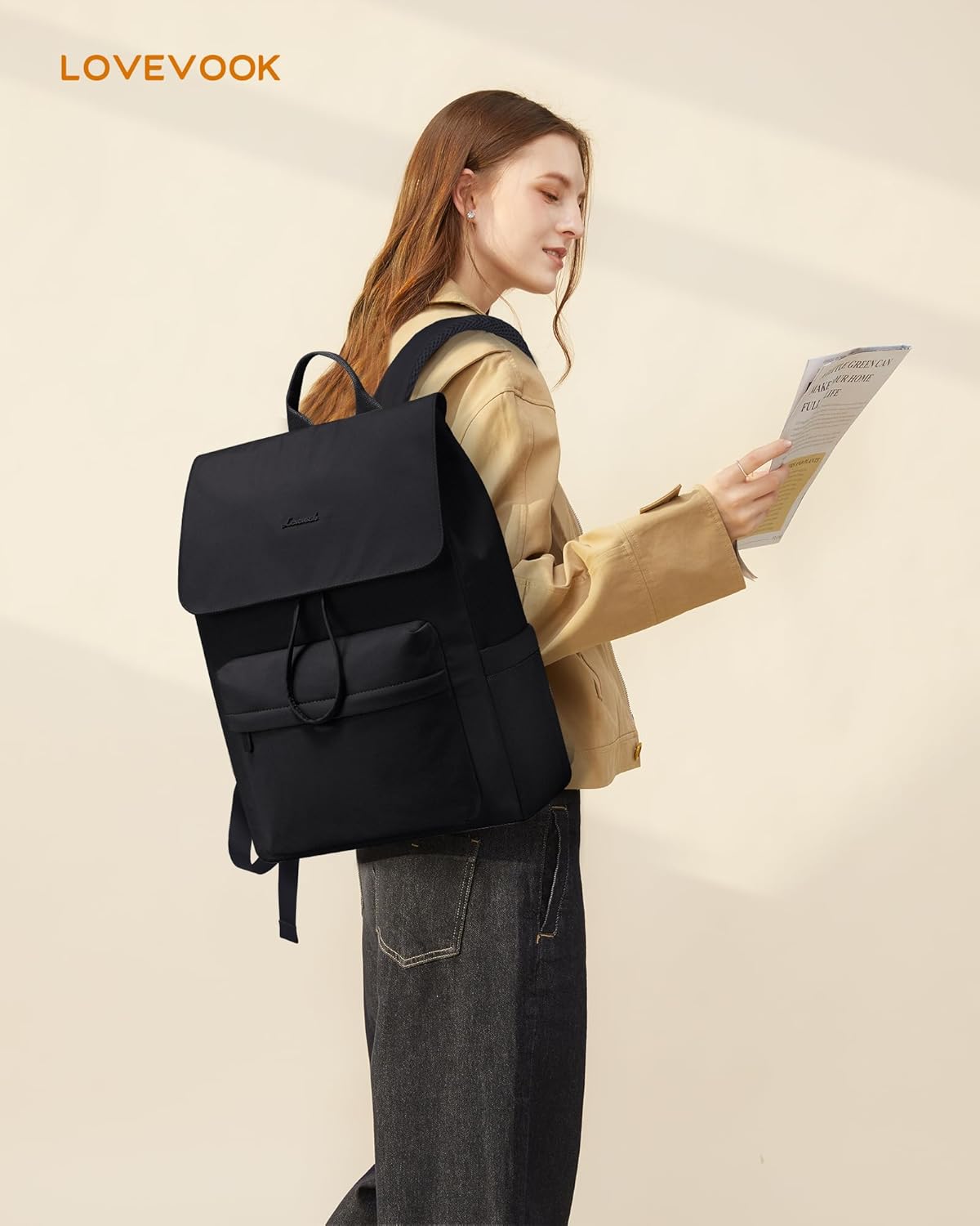 Detalle 2 de LOVEVOOK Rucksack Damen – leichter Schulrucksack mit Laptopfach bis 15,6 Zoll, Schwarz