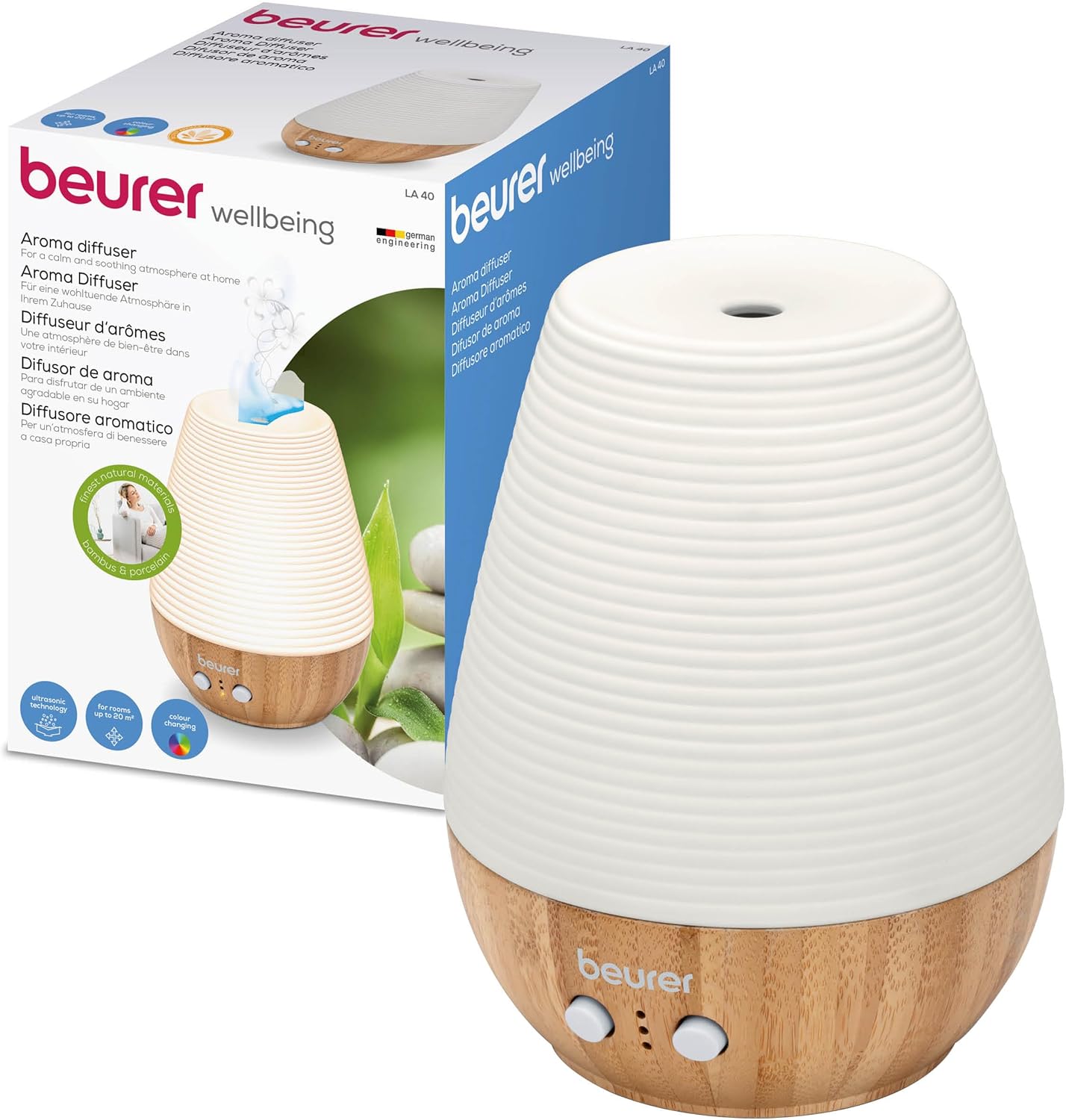 Detalle de Beurer LA 40: diffusore aromatico ultrasuoni con LED colorato in bambù e porcellana