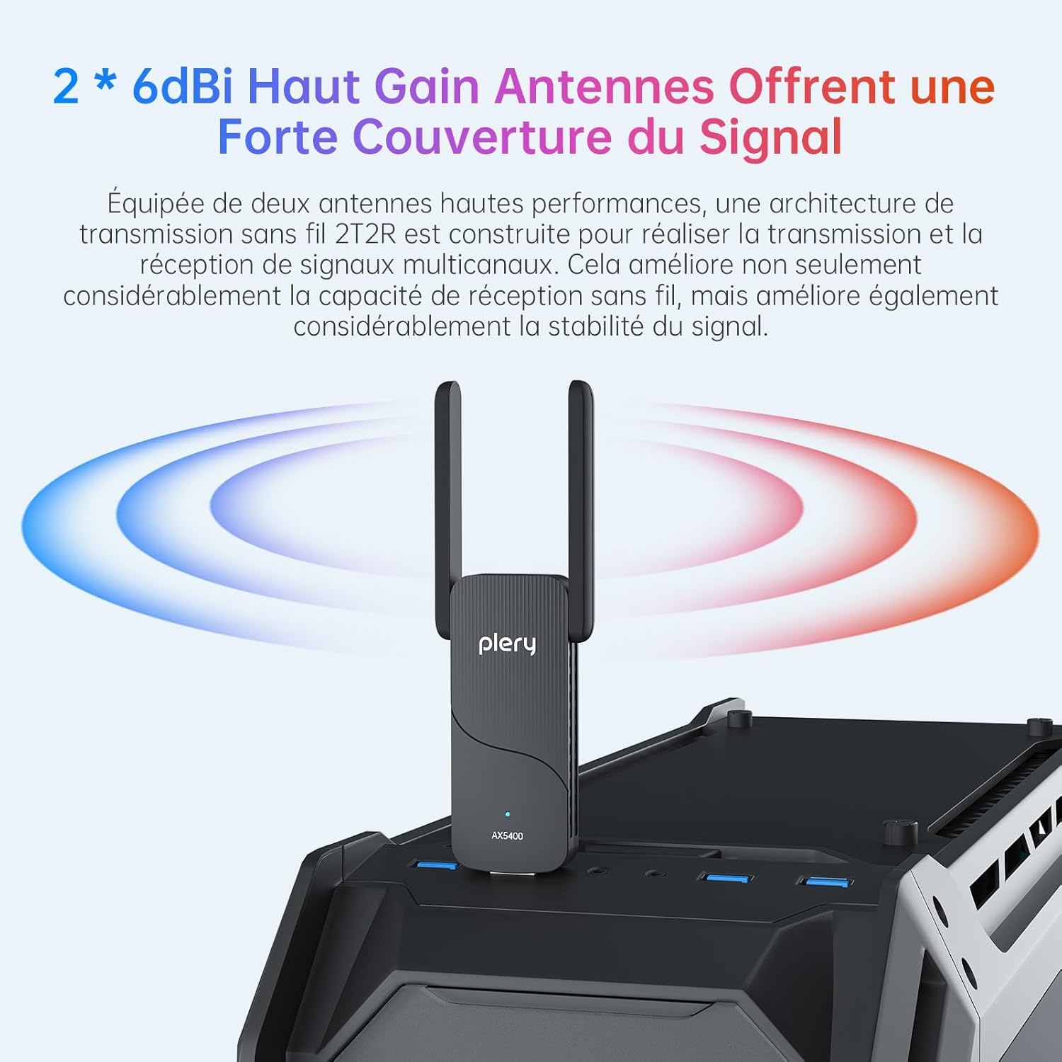 Detalle 2 de PLERY 5400Mbps Clé WiFi 6 Puissante – Clé USB Tri-Bande 6GHz/5GHz/2,4GHz pour PC