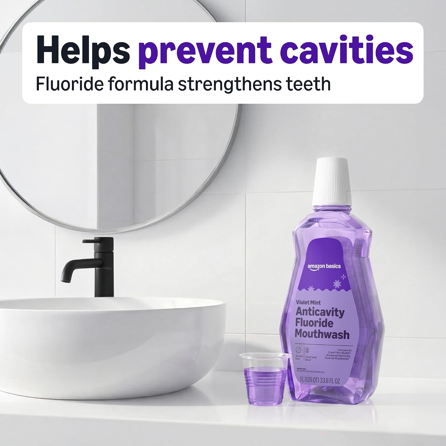 Detalle 2 de Amazon Basics Anticavity Fluoride Mouthwash (Alcohol-Free, Violet Mint), 1-Liter