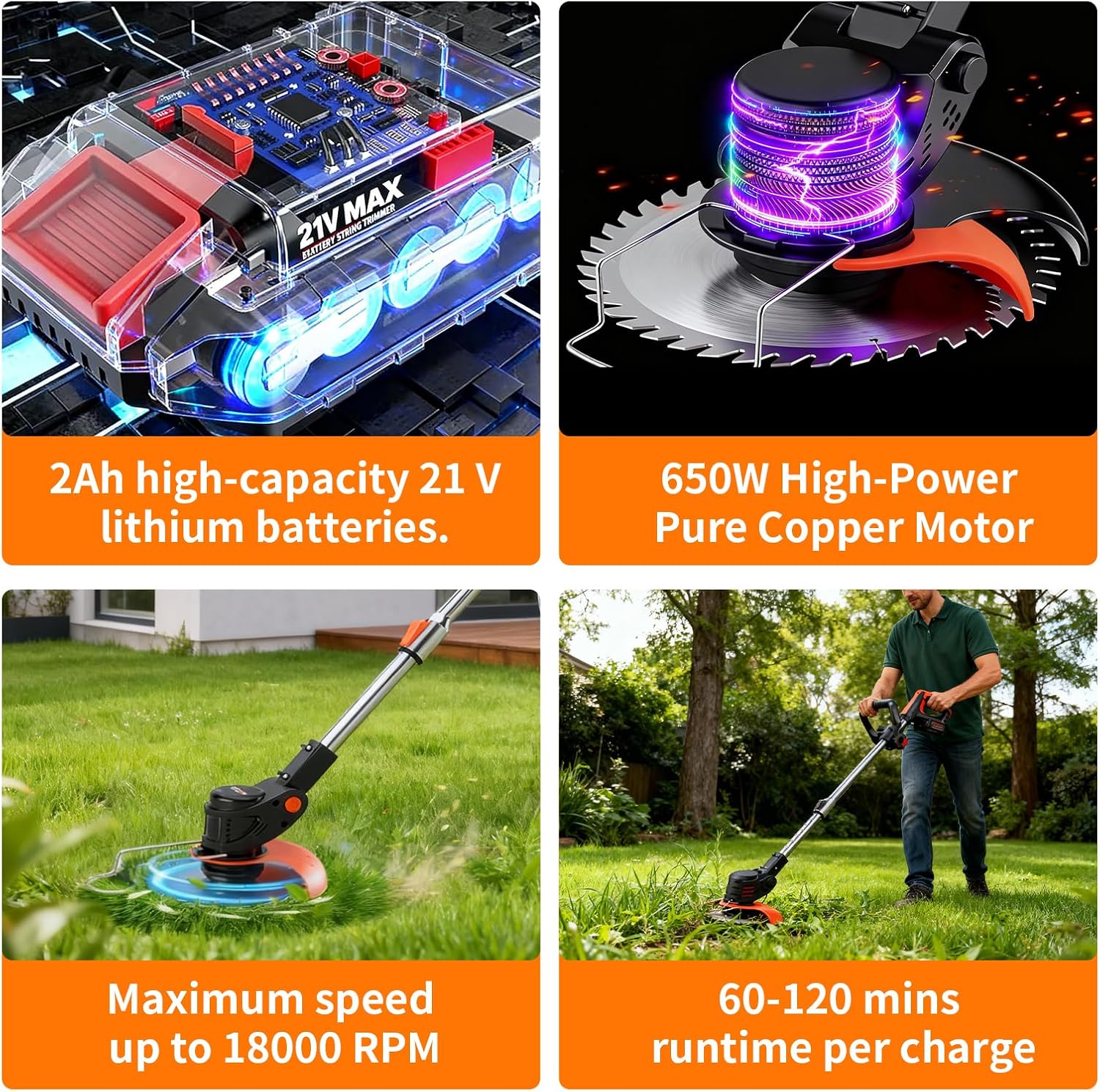 Thumbnail 4 de Strimmer: Cordless 21V Garden Strimmer with 2 x 21V 2.0Ah Batteries and 4 Blade Types