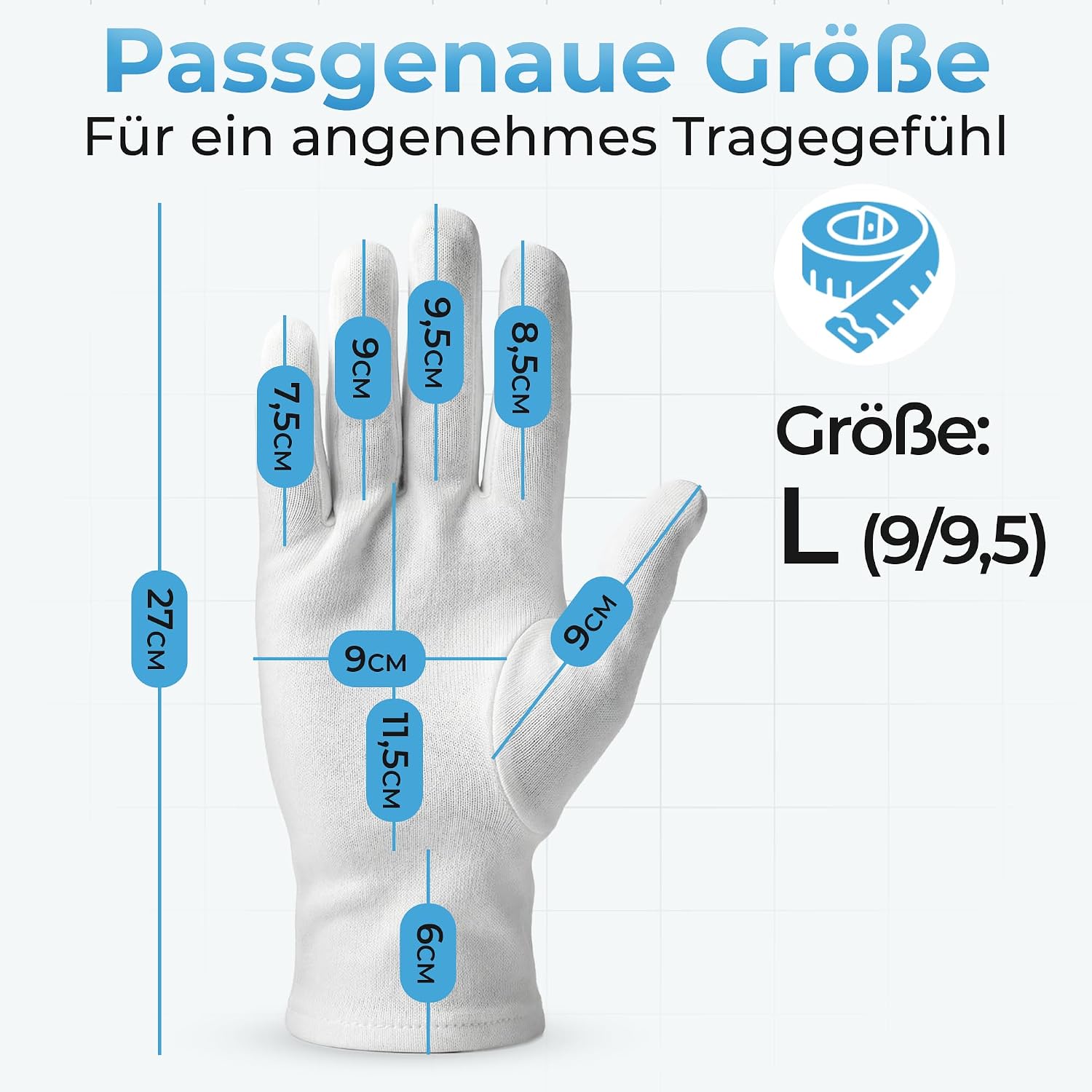 Detalle de Baumwollhandschuhe aus 100% Baumwolle – 3 Paar, Größe L, weiß | Dermatest Sehr Gut