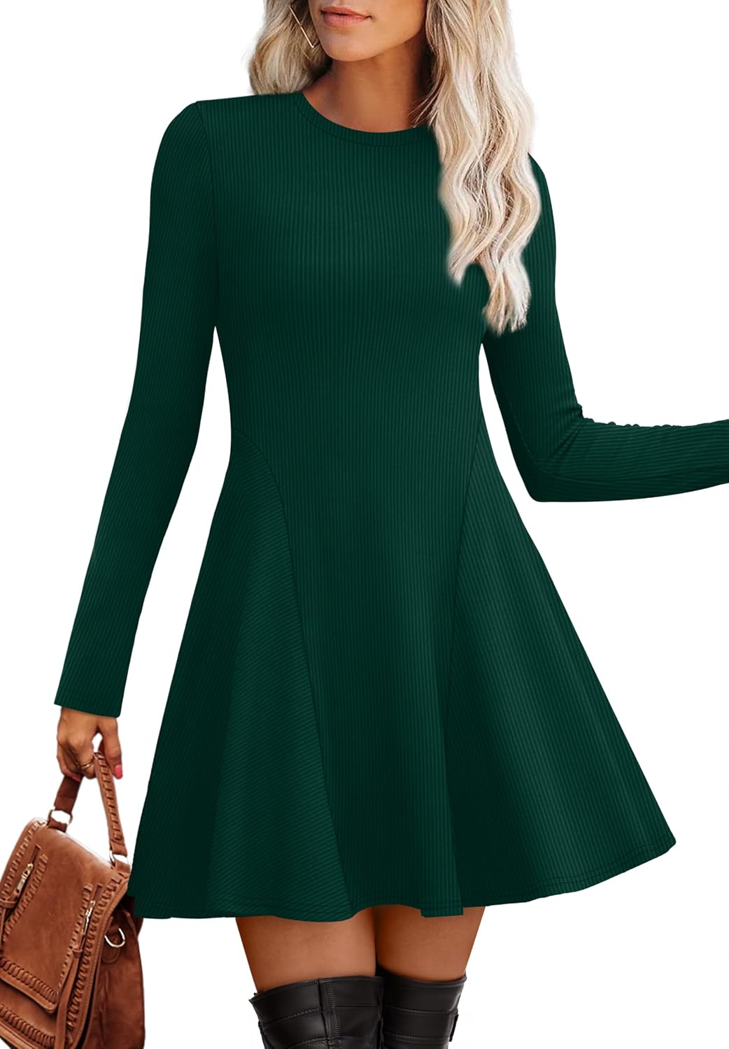 Detalle 2 de OFEEFAN Women's Ribbed Knit Sweater Dress, Long Sleeve Crew Neck A-Line