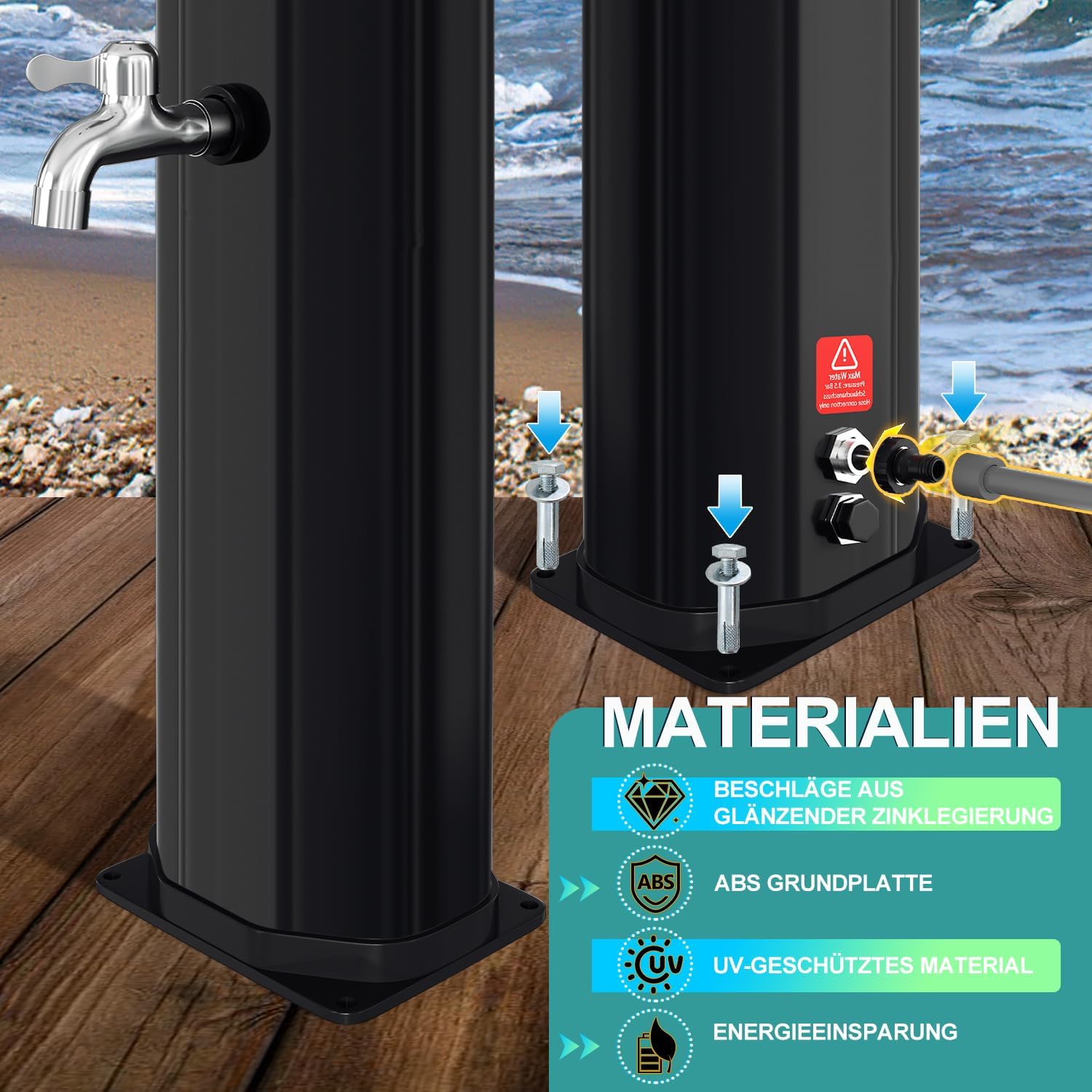 Thumbnail 2 de Randaco Solardusche Solar Gartendusche 35L – Warmes Wasser bis 60°C, ohne Strom, 360° Regenduschkopf, Fußhahn, Schutzhülle Schwarz