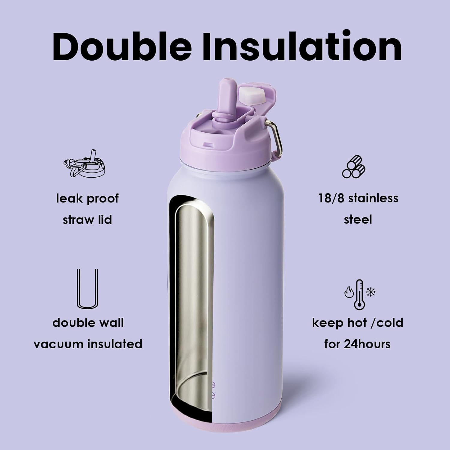 Thumbnail 5 de BOTTLE BOTTLE Edelstahl-Trinkflasche 1 l mit Strohhalm und Pillenfach (doppelwandig, BPA-frei) – Hellviolett