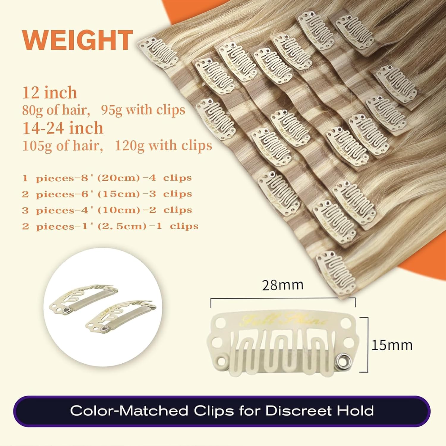 Detalle de Full Shine Blonde Clip-In Hair Extensions, 20 Inch, 150g, 8 Pcs