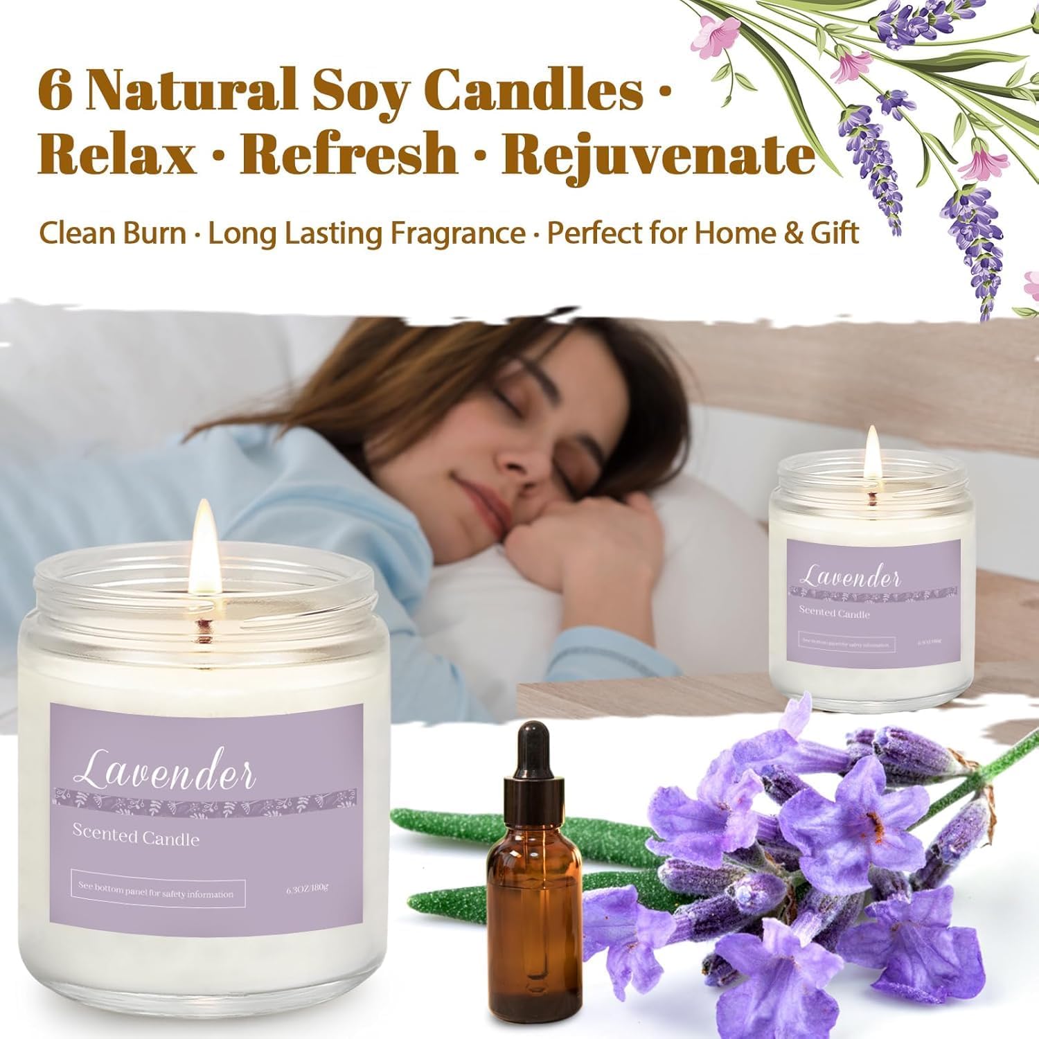 Thumbnail 2 de 6 Pack Scented Candles Gift Set: Lavender, Jasmine, Vanilla, Sage, Sandalwood Rose, Eucalyptus Mint