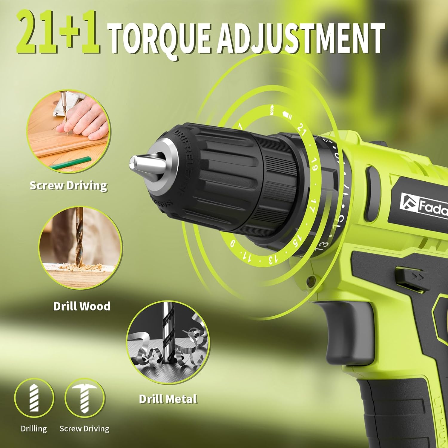 Detalle de FADAKWALT 20V Cordless Drill: 2 Batteries, 34-Piece Kit for Home Projects