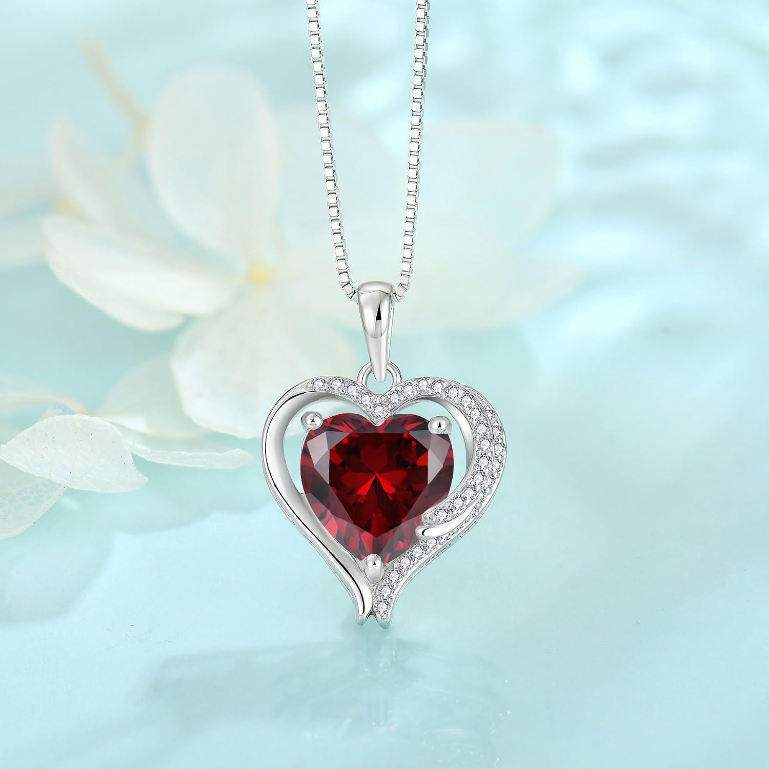Detalle de FJ Herz Kette Damen 925 Sterling Silber mit Engelsflügeln und Geburtsstein