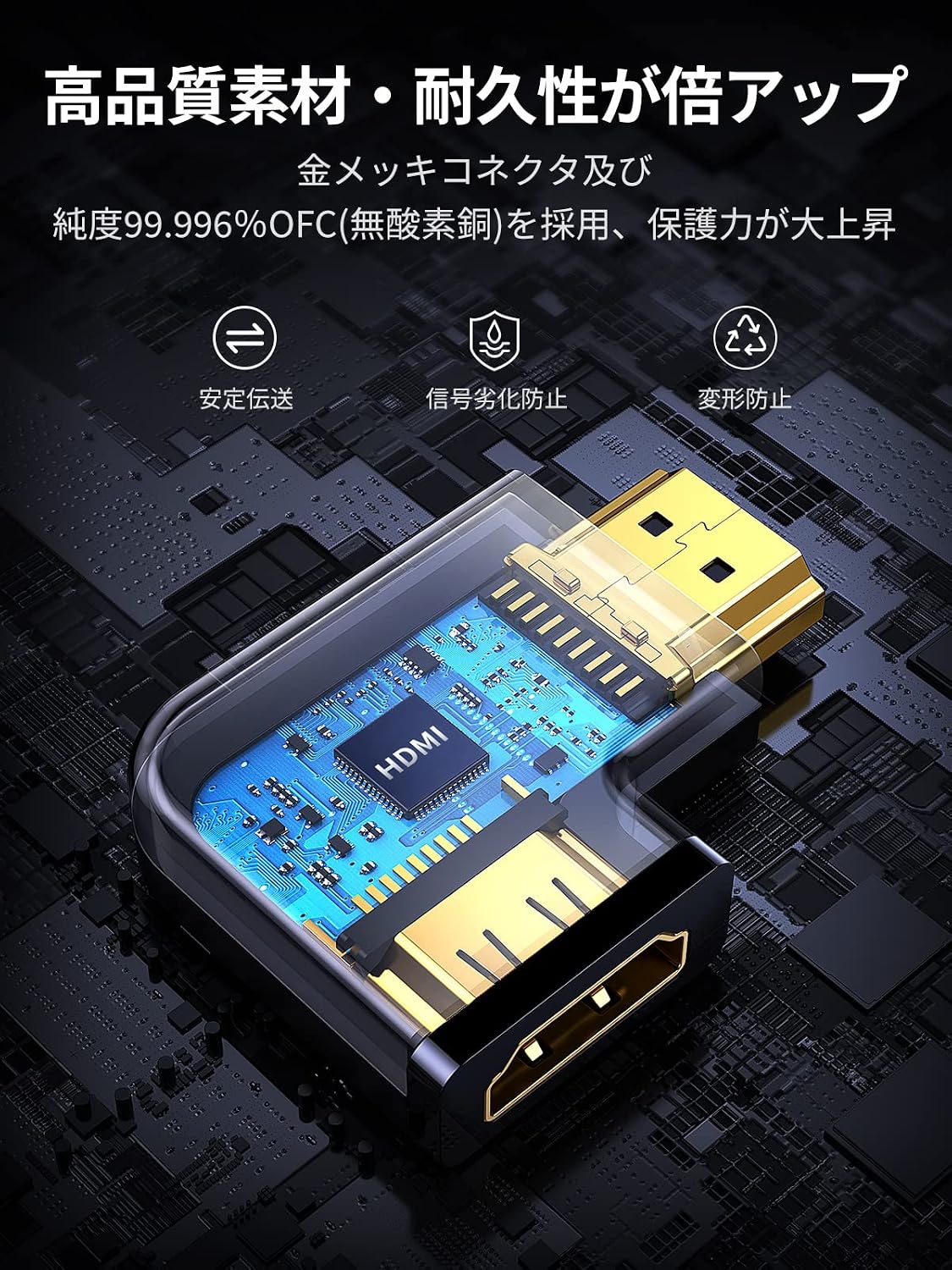 Detalle de UGREEN HDMI L型変換アダプター 90度・270度セット、HDMI 2.0・4K/60Hz・金メッキ端子