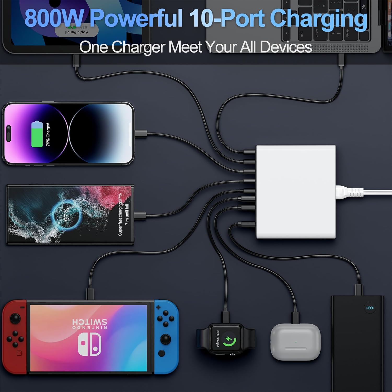 Detalle de 800W USB C Charger Block: 10-Port GaN Fast Charging Station for MacBook, iPhone, iPad, Dell XPS and More