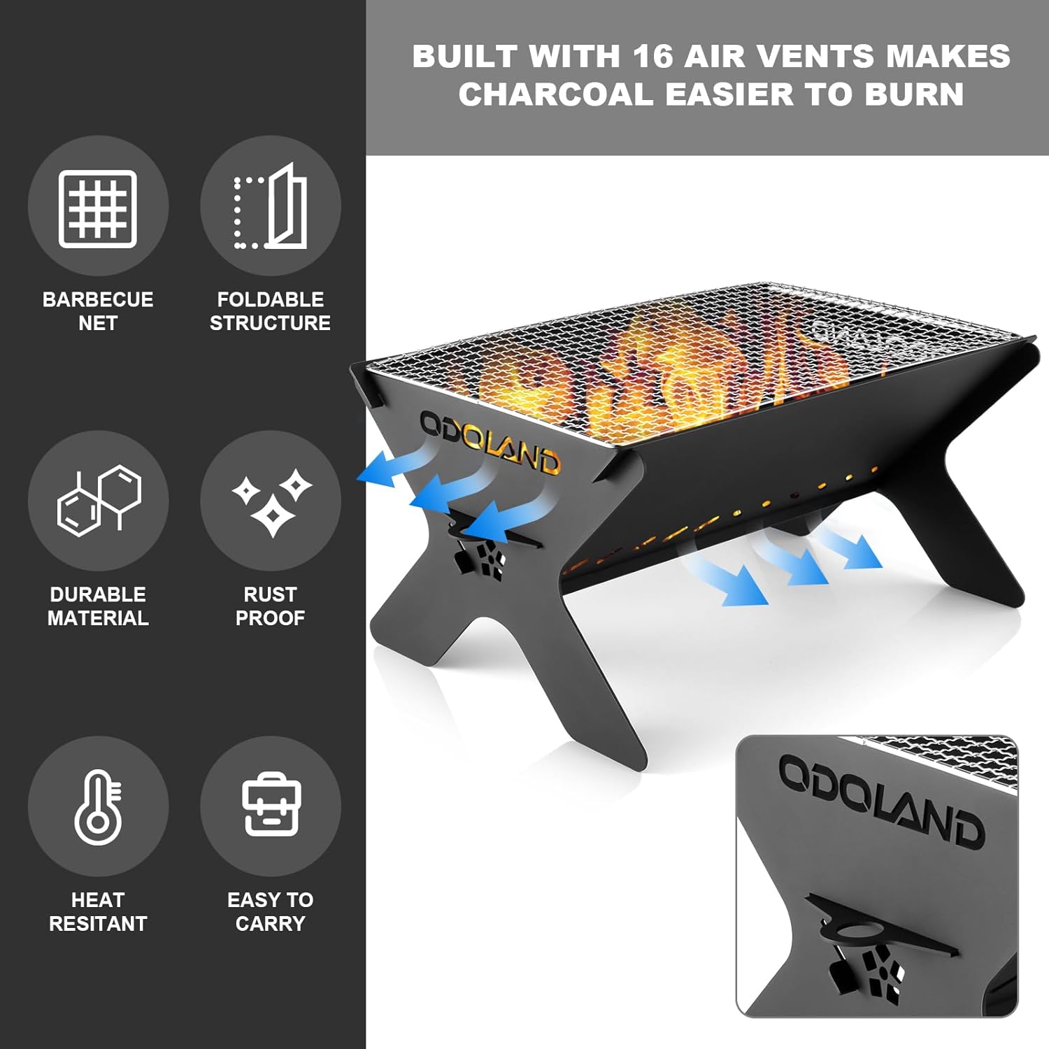 Thumbnail 4 de Odoland Camping Fire Pit – Portable 2-in-1 wood-burning fire pit and grill with detachable cooking grate