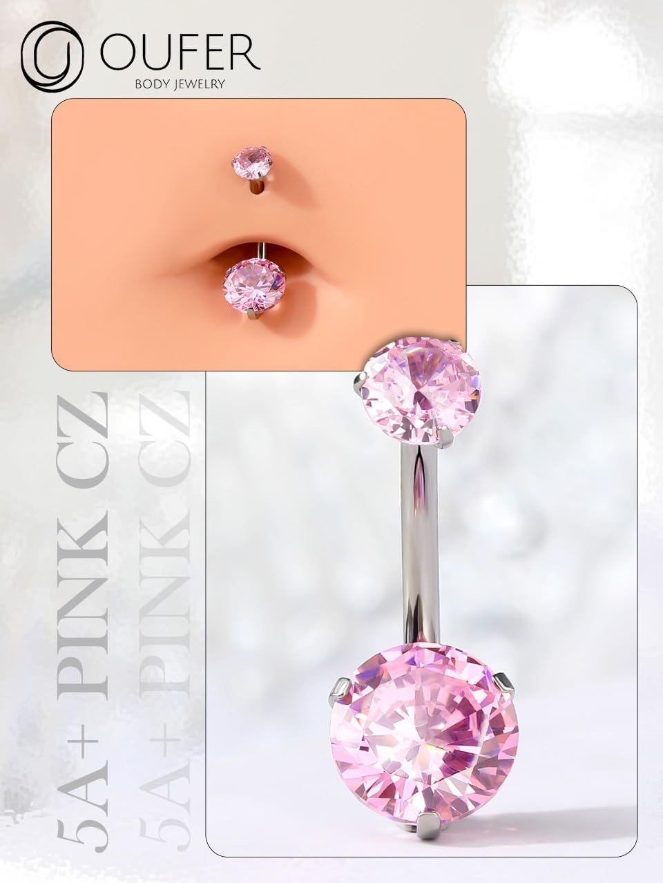 Detalle de OUFER Body Piercing en titane pour nombril : barre interne 14G extra longue avec double CZ (longueurs 10 à 16 mm)